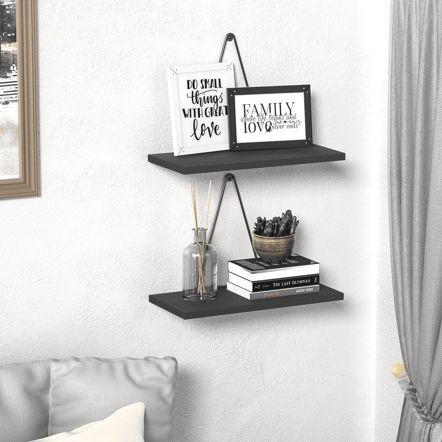J JACKCUBE DESIGN - Black Floating Shelf, Wall Shelves with Triangle Bracket, Corner Shelf Wall Mount, Mordern Home Décor for Living Room, Bedroom, Kitchen and More, Set of 2 - MK602A