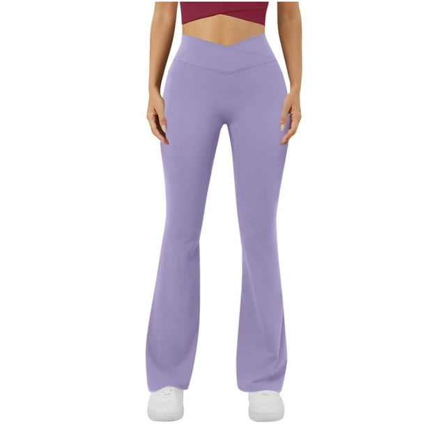 Amzcrzy Pantalones Yoga Mujer Color Liso - Cintura Elástica, Control Abdominal, Corte Acampanado, Leggings Elásticos Cómodos, Bolsillos S-2XL Morado