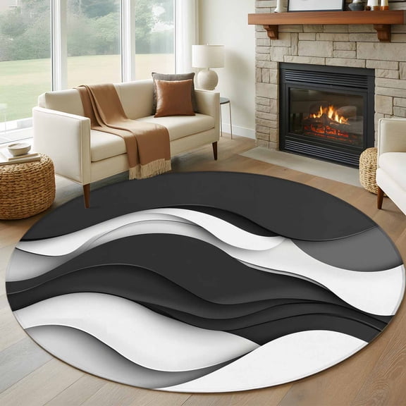 Round Rugs 7Ft, Black Grey Ombre Round Area Rug Washable Indoor Throw Carpet, Abstract Moire Art Modern Geometric Large Non Slip Circle Rug for Dining Room Playroom Home Decor Aesthetic