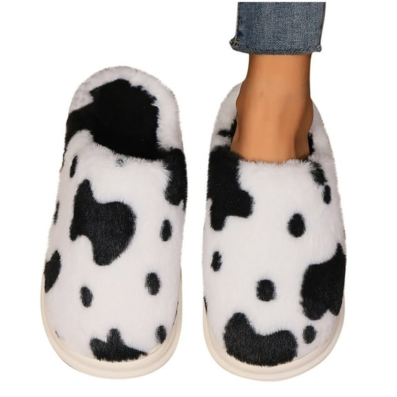 Xfvqtps Fuzzy Slippers for Women Cow Print Plush Furry Fluffy Soft Thick Sole Memory Foam Slip on Non-Slip Comfortable Cozy Indoor Warm Winter House Shoes