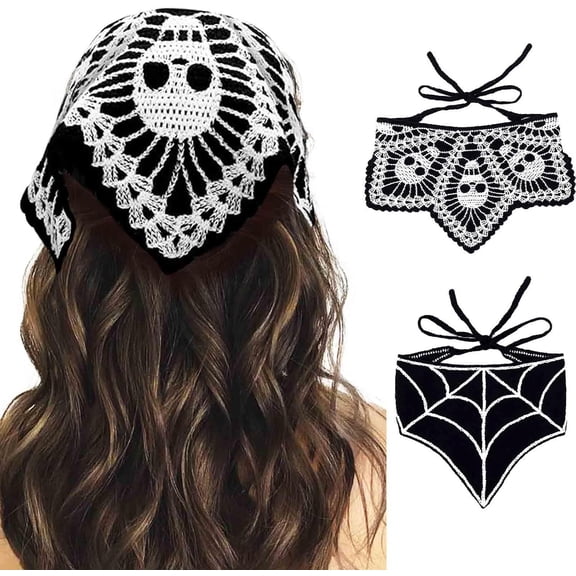 Black Skull Headbands Crochet Bandanas Headband Web Gothic Scarf Halloween Hair Accessories for Women 2 count