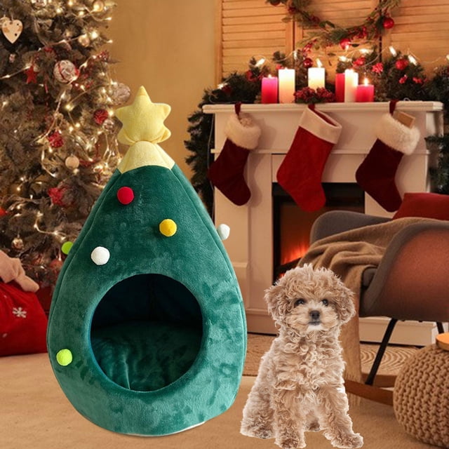 Cama semicerrada para mascotas, tienda de campaña para gatos con forma de de Navidad, cama cueva para mascotas, para perros y gatos pequeños y L