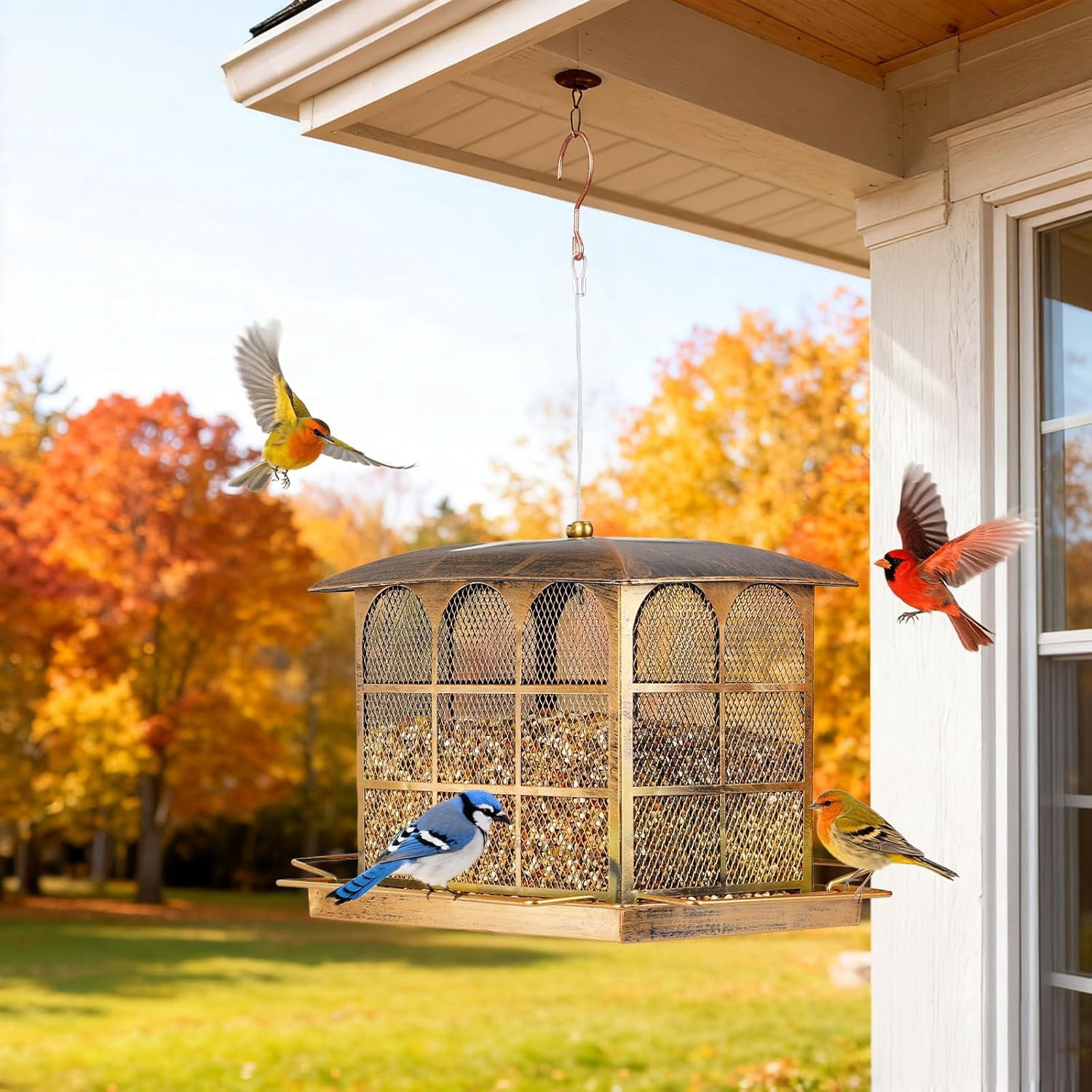 Large Bird Feeder, Heavy Duty Metal Bird Feeders for Outdoor Hanging, 9.5LB Seed Capacity Wild Birdfeeder for Outside Garden Decoration