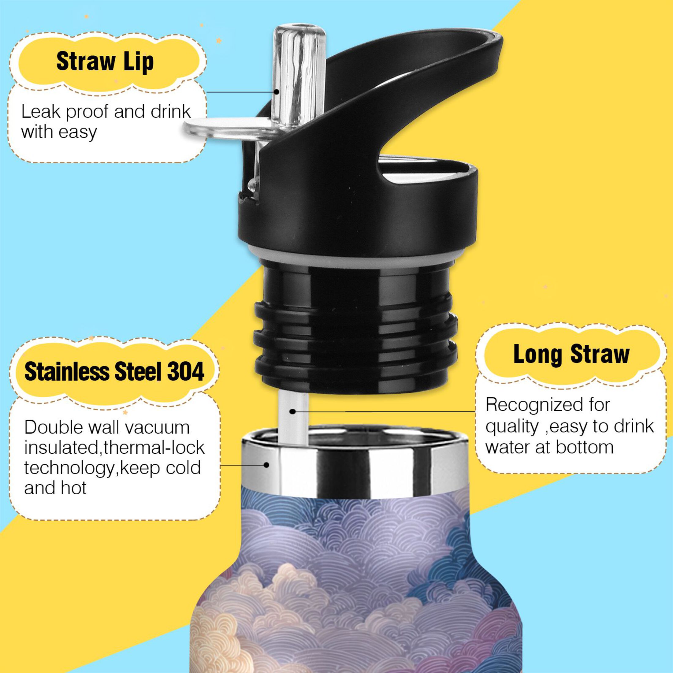600ML Stainless Steel Insulated Cup Sports Water Bottle Portable Thermos Cup Water Glasses Insulated Tumblers Convenient and Durable Purple Cloud Cartoon