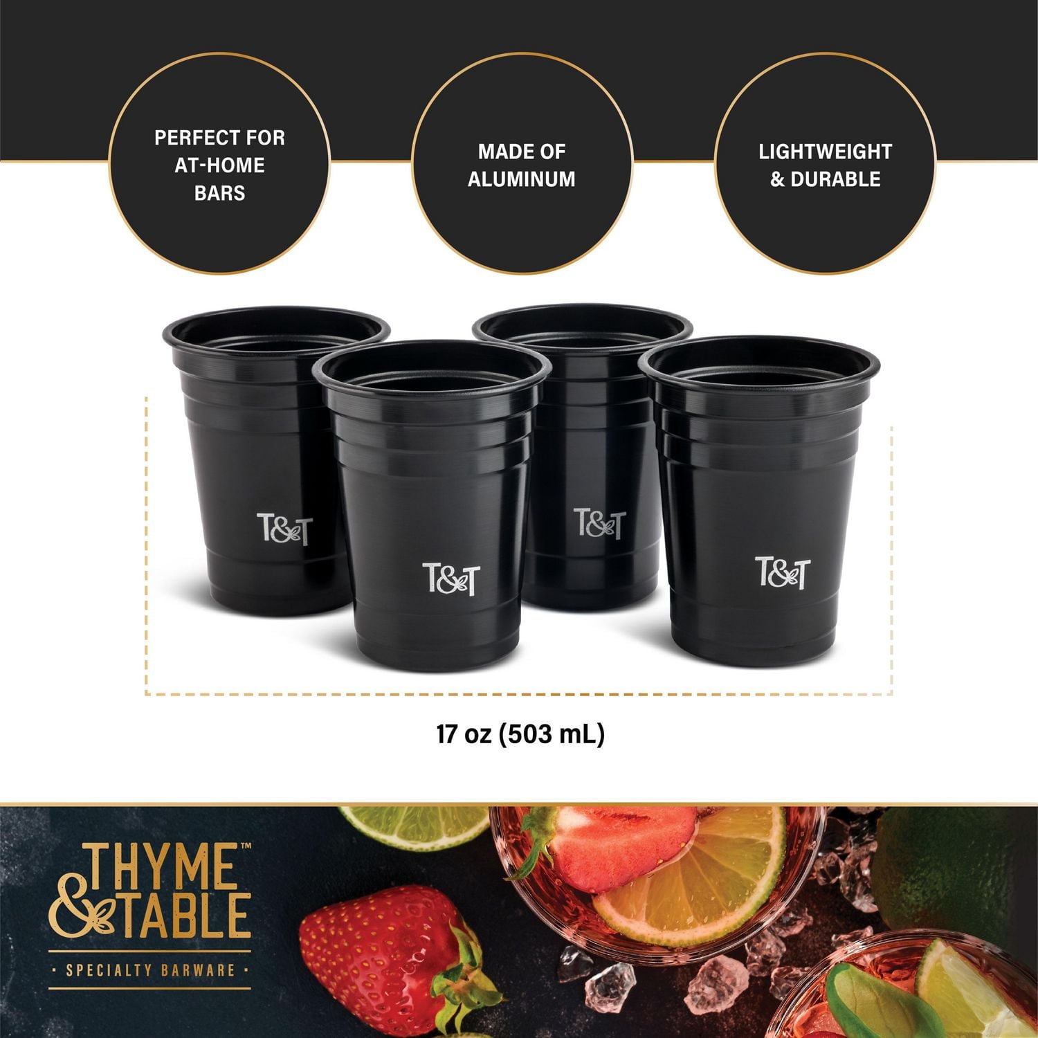 Thyme & Table Cocktail Party Cups, 4 Piece Set, Black, barware