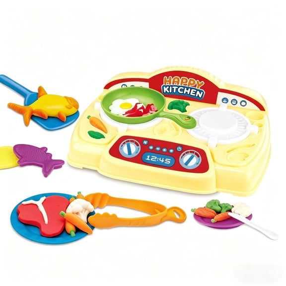 Kids Pretend Play Kitchen Toy Set with Play Dough, Cooking Stove Playset with Frying Pan, Food Molds & Kitchen Accessories, Educational Role Play Cooking Toys Gift for Boys Girls Ages 3