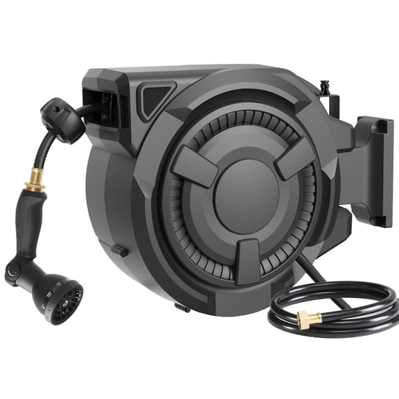 WIKIWIKI RETRACTABLE GARDEN HOSE REEL 1/2 IN X 100 FT WALL MOUNTED - BLACK