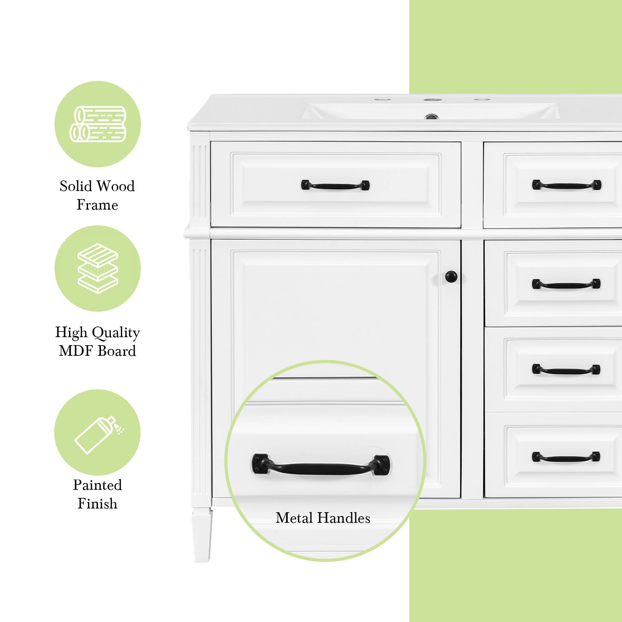 MAYEERTY 36" Bathroom Vanity with Sink White Solid Wood Flip Drawer 3 Drawers 2 Doors Black Metal Handles MDF