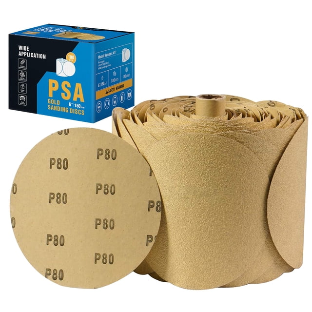 S SATC 100 discos de lijado PSA de 6 pulgadas con respaldo adhesivo, accesorio de lijadora de grano 80 para taladro, papel de lija redondo autoadhesivo de óxido de aluminio con respaldo adhesivo