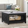 thumbnail image 6 of Farmhouse Coffee Table with Storage Rustic Wood Cocktail Table, Square Coffee Tables for Living Meeting Room with Half Open Storage Compartment, Grey and Black, 6 of 8