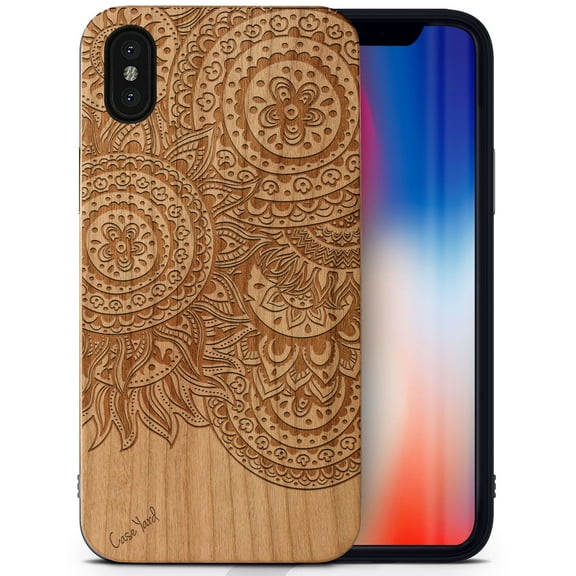 Case Yard Wooden Case Outside Soft TPU Silicone, Slim Fit Shockproof Wood Protective Phone Cover for Girls Boys Men and Women, Supports Wireless Charging Geo Henna Design case for iPhone-XS-Max