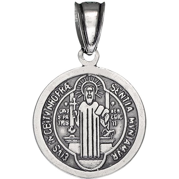 Sterling Silver Saint Benedict Medal Reversible Charm Pendant Necklace Antique Finish with 18 Inch Chain