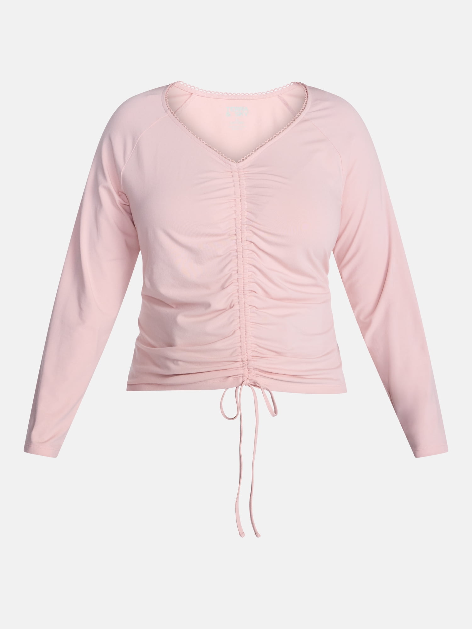 Terra & Sky Women's Plus Ruched Front Tie Hem Top with Long Sleeves, Sizes 0X-5X