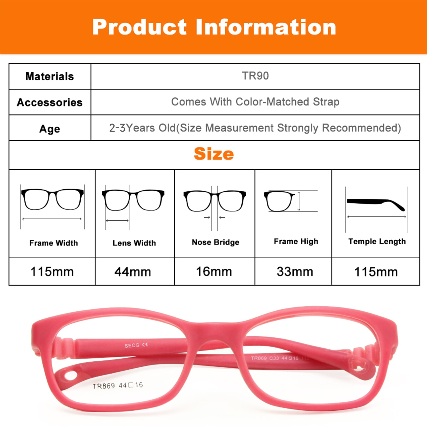Lunettes pour Enfants avec Sangle Sans Vis Flexible Taille 44/16