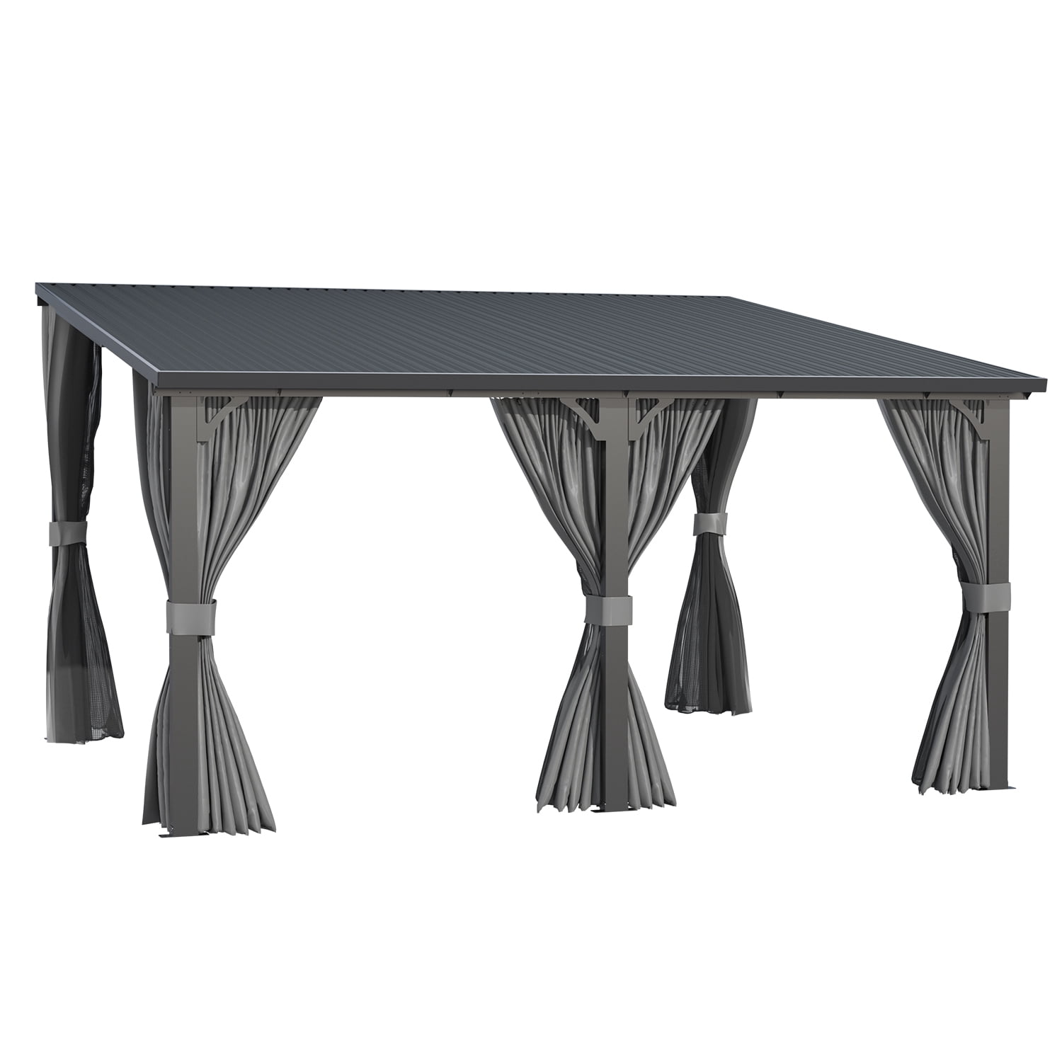 AECOJOY 14' x 12' Hardtop Patio Gazebo with Curtains and Netting, Wall Mounted Heavy Duty Outdoor Pergola on Clearance with Galvanized Steel Roof, Waterproof Metal Grill Gazebo for Backyard