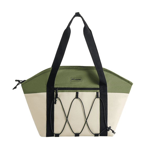 Green & Beige Insulated Bag, 28L Large Capacity Oxford Cloth Cooling Tote with Wide Straps, Reinforced Handle for Outdoor Picnic, Camping, Beach, Travel Food Storage, Freshness Preservation