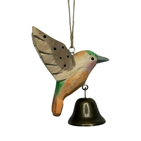 HOARBOEG Handcrafted Wooden Hummingbird Hanging Ornament with Bells, Outdoor Garden Wind Chime Decor, Handmade Wood Bird Figurine for Patio, Home, Yard, Housewarming Gift
