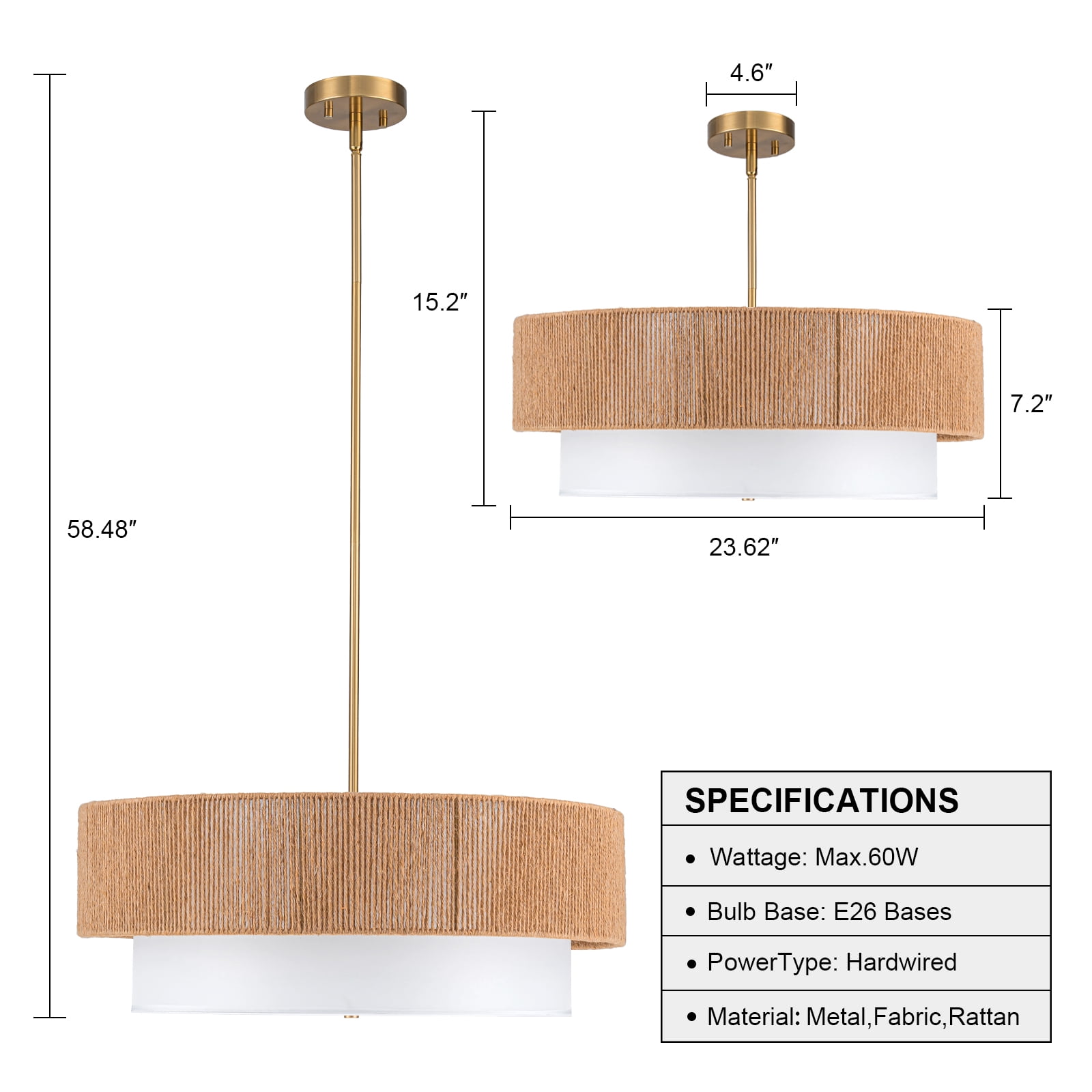 Bohemian Rattan Farmhouse Chandelier 3-Light Dimmable 18 Inch