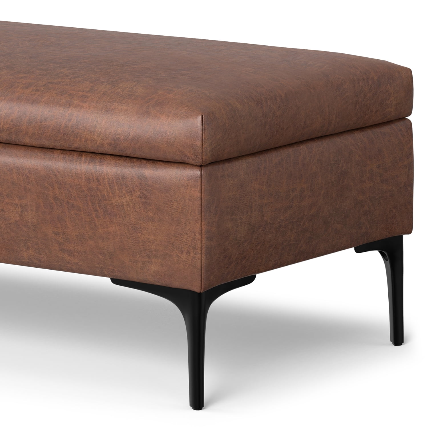 Simpli Home Rebecca 48 inch Wide Mid Century Modern Rectangle Large Coffee Table&nbsp;Storage Ottoman with Lift up Lid in Distressed Saddle Brown Faux Leather
