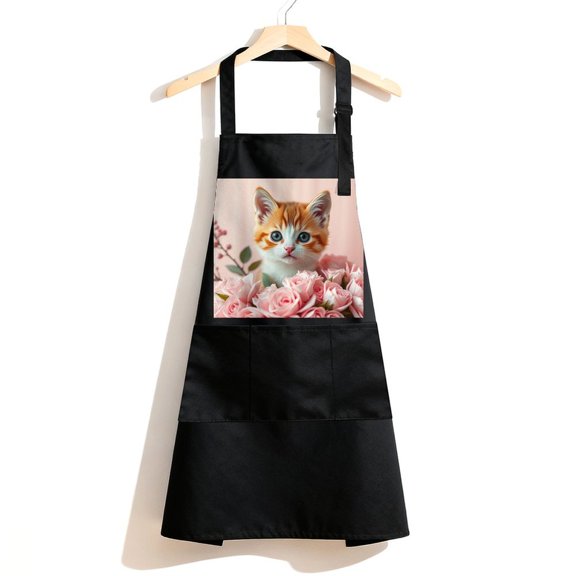 RKSupls Waterproof Bib Apron with 3 Pockets, Kitten Pink Roses Adjustable Neck Strap Soft Polyester Water Resistant Apron for Kitchen Restaurant Home Use