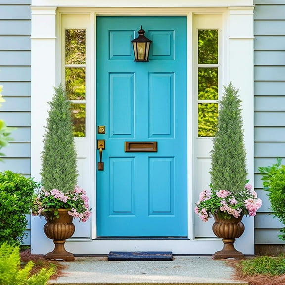 3FT Artificial Cedar Topiary Trees for Outdoors, Set of 2 Faux Shrubs with LED Light and Cement Pot