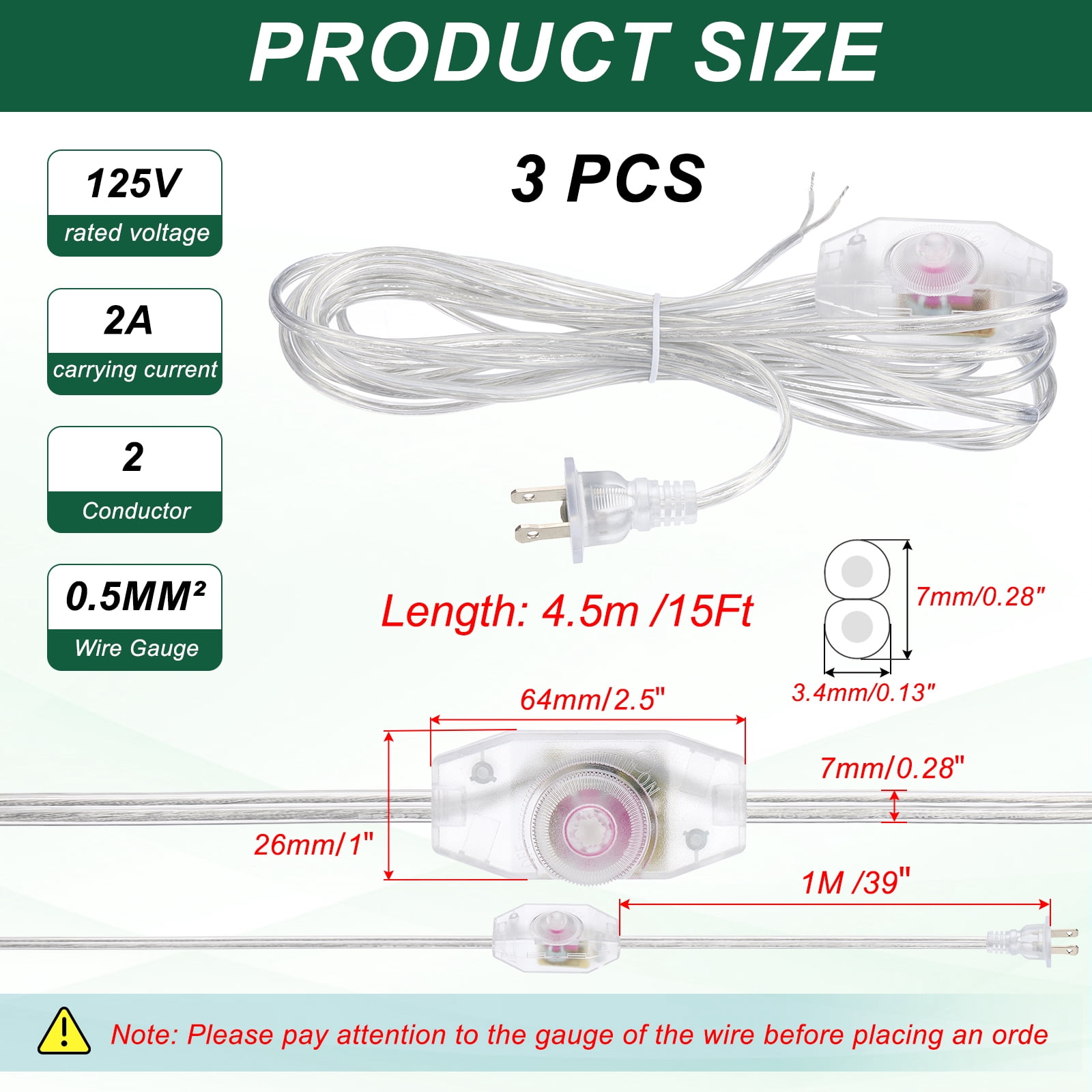 Uxcell 15 Feet 3 Set UL List Lamp Power Cord with Full Range Rotary Lamp, Clear