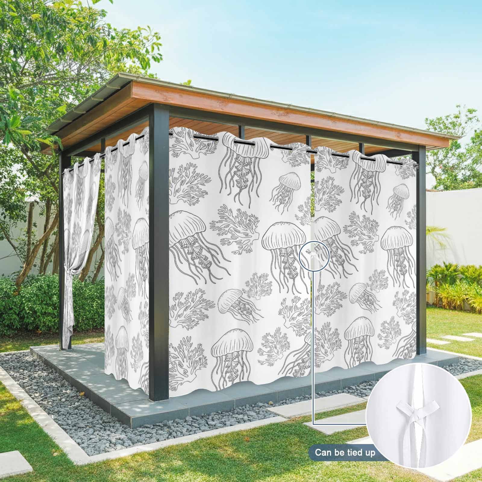 Marine Life Outdoor Curtains for Patio, Oceans Jellyfish Coral Line Sketches Style Black Sunshade Privacy Drapes Grommet Waterproof Outside Curtains for Porch/Cabana/Balcony 54"x 108", 1 Panel