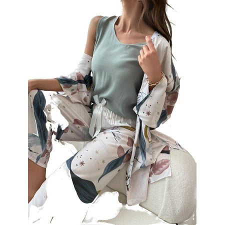 

Women s Pajama Sets Multicolor Casual Plants V neck Pant Sets Long Sleeve