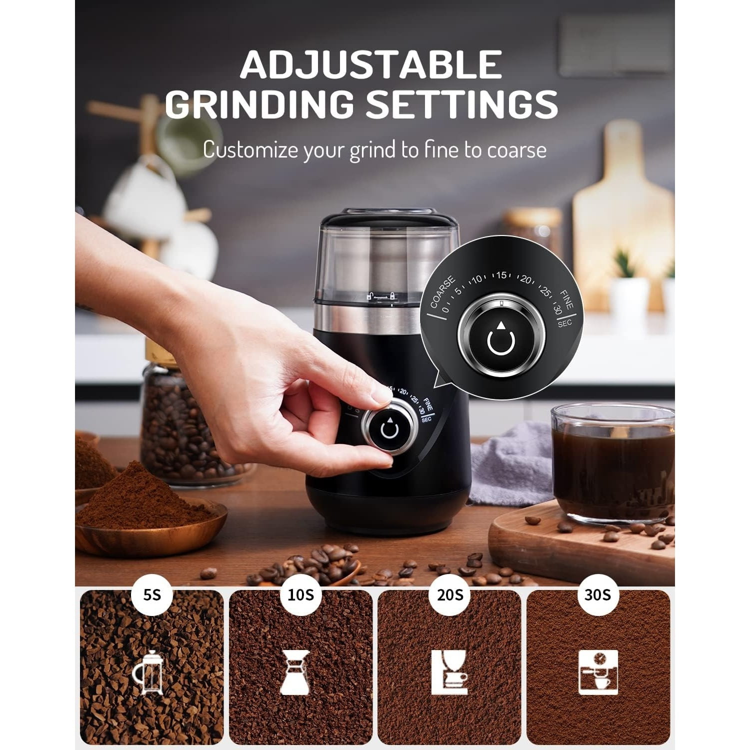 Electric Super Silent Blade Coffee Grinder, Timed Grind Control Rotary Knob, Adjustable Coarse to Fine for Coffee Beans, Spices & Herbs, with 2 Removable Stainless Steel Bowl, Black