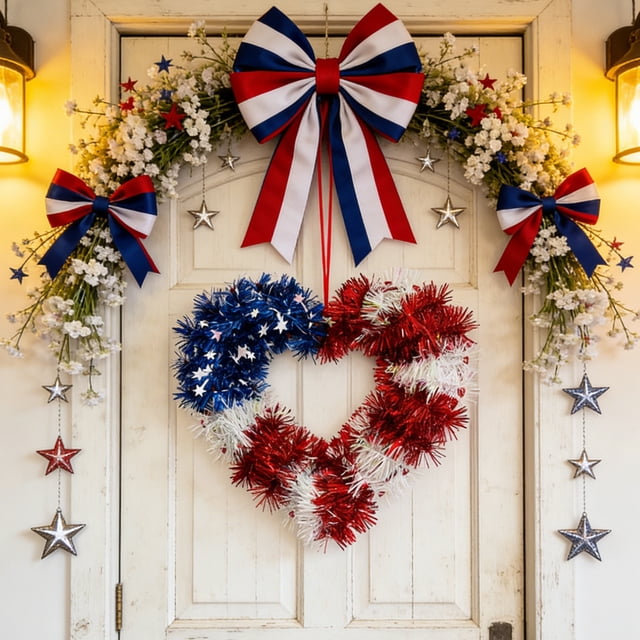 Couronnes en Forme de Cœur du 4 Juillet pour Porte d'Entrée, 13 Pouces Couronne Patriotique en Guirlande du 250e Anniversaire, Cœurs Rouges Blancs Bleus pour Mur et Fenêtre de la Fête de l'Indépendance, Suspension à la Maison, Fournitures pour Fête du Memorial Day des Anciens Combattants