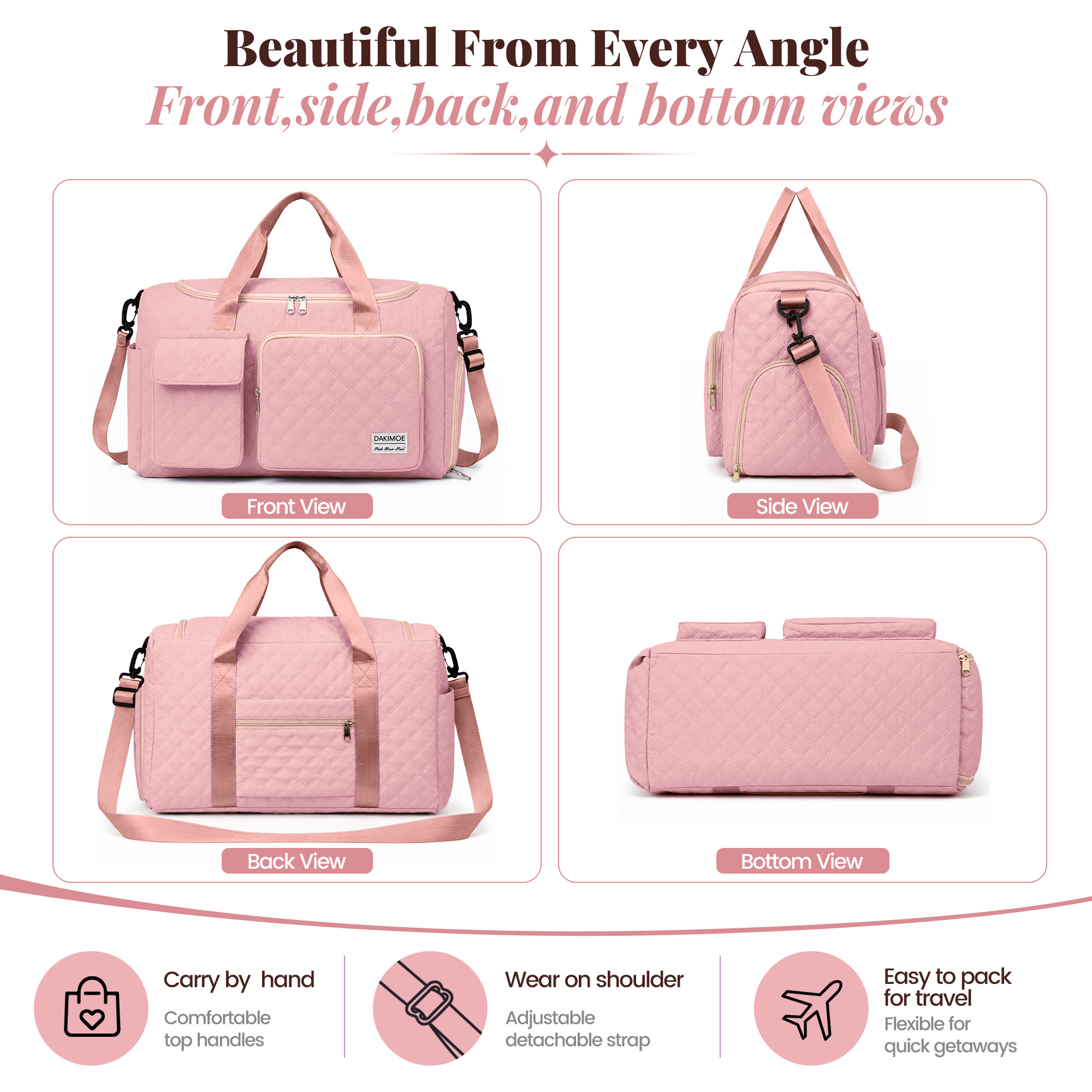 DAKIMOE Travel Duffle Bag with Wet Pocket and Shoe Compartment for Women and Men, Pink photo 7