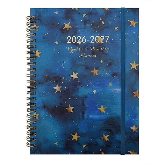 Weekly Monthly Planner 2026, 2026-2027 Academic Planner, Spiral Journal Notebook, 5.8X8.3 In, 70 Sheets, Blue Watercolor Cover, Paper Star Motifs, Semesters Scheduling, 1 Pc