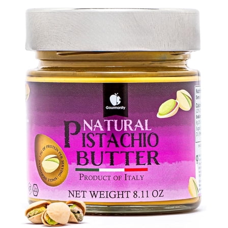 Gourmanity Pure Italian Pistachio Butter Spread, 100% Nut Deliciousness, Gourmet Pistachio Paste For Sweet And Savory Dishes, No Added Sugar, GF, Vegan, Keto and Paleo Friendly, Kosher And Halal Cert