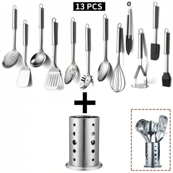 Cooking Utensil Set 13 Piece Stainless Steel Kitchen Tool Set With Holder, Include Cooking Spoon, Spatula, Whisk, Cooking Tong And Etc.