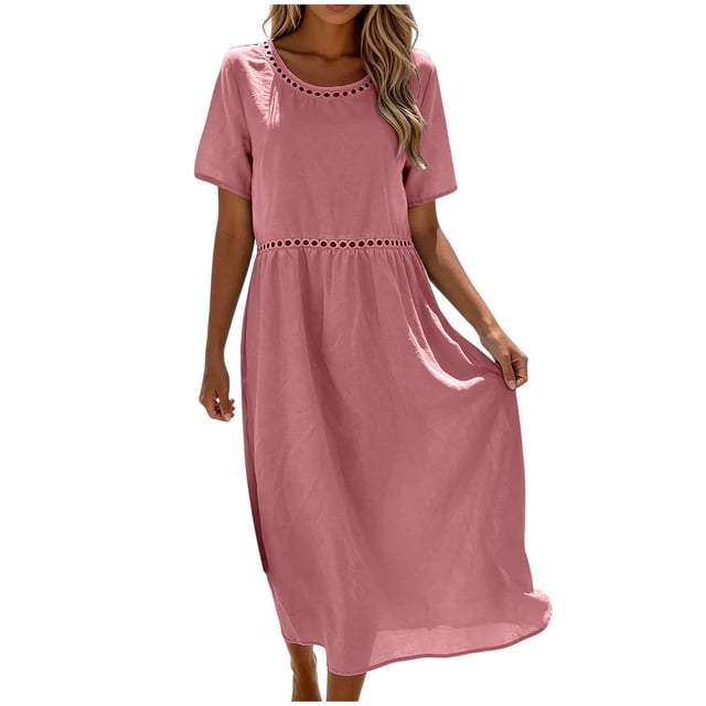 2DXuixsh Robe Maxi d'Été Ample et Fluide pour Femme, Ajourée, Col Rond, Couleur Unie, Manches Courtes, Vacances, avec Poches