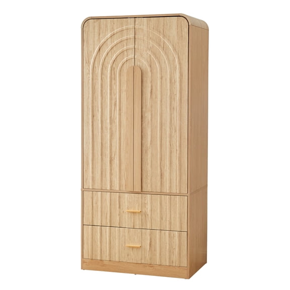 Modern Beige Wardrobe Armoire with 2 Drawers & Hanging Rod, Mid-Century Bedroom Closet with Arched Groove Design, Smooth Rounded Corners & Anti-Tip Kit, Freestanding Storage Cabinet for Bedroom