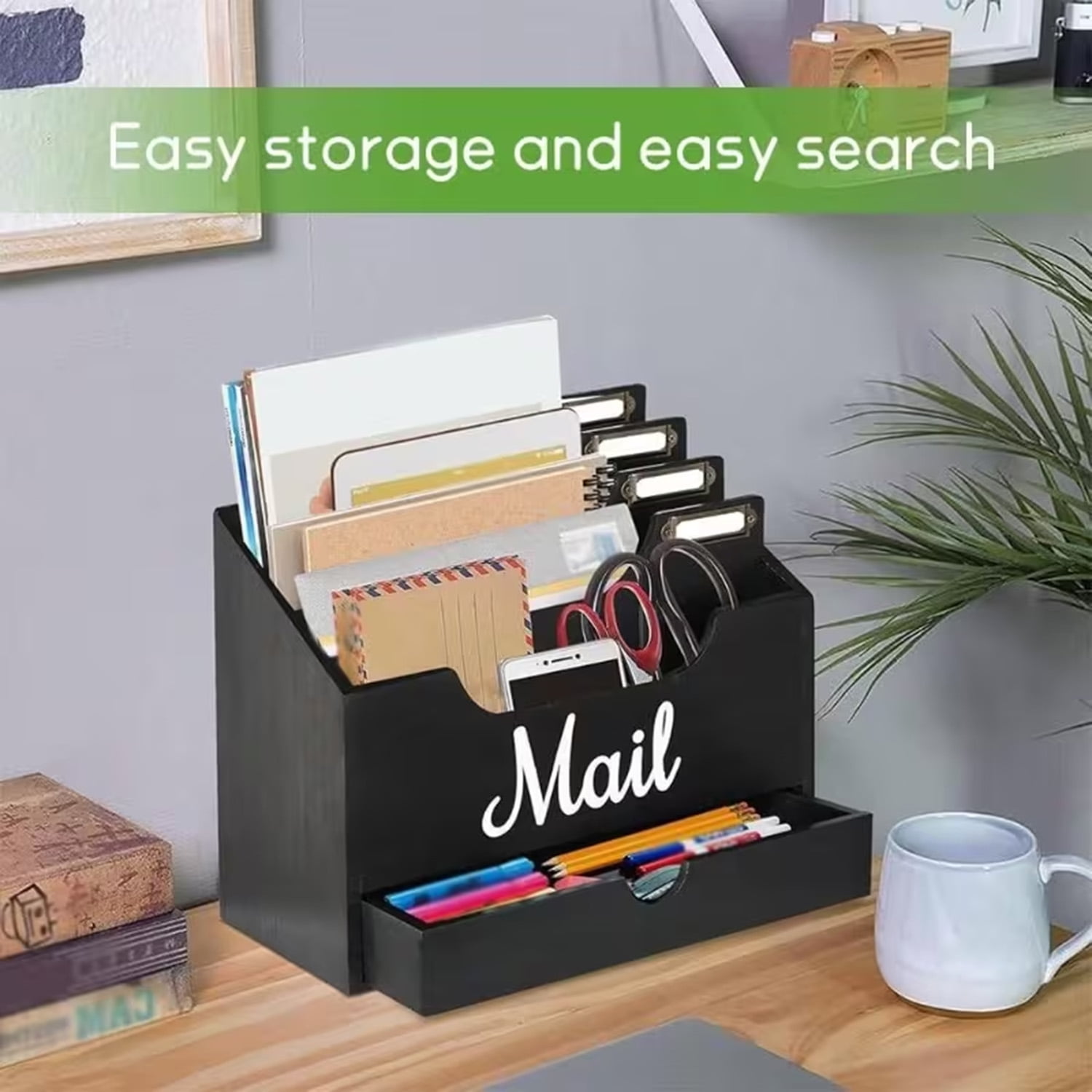 Wood Desktop Mail Organizer, Mail Organizer Countertop with 4 Compartments and Drawer for File Letter Paper Folder