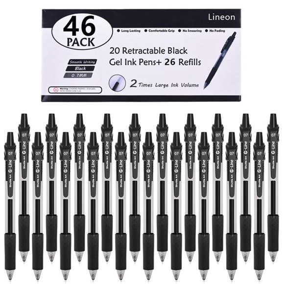 Black Gel Pens, 46 Pack(20 Gel Pens with 26 Refills) Lineon Retractable Medium Point Gel Pens Smooth Writing with Comfortable Grip for Office School