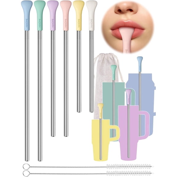 NiHome 6PCS Anti Wrinkle Straws with Silicone Widen Flat Tip Straight & Bent Metal Straw, Fit for Stanley 20/30/40 oz Tumbler, Reusable Wrinkle Free Stainless Steel Straw, 2 Brushes & Bag (Pink)