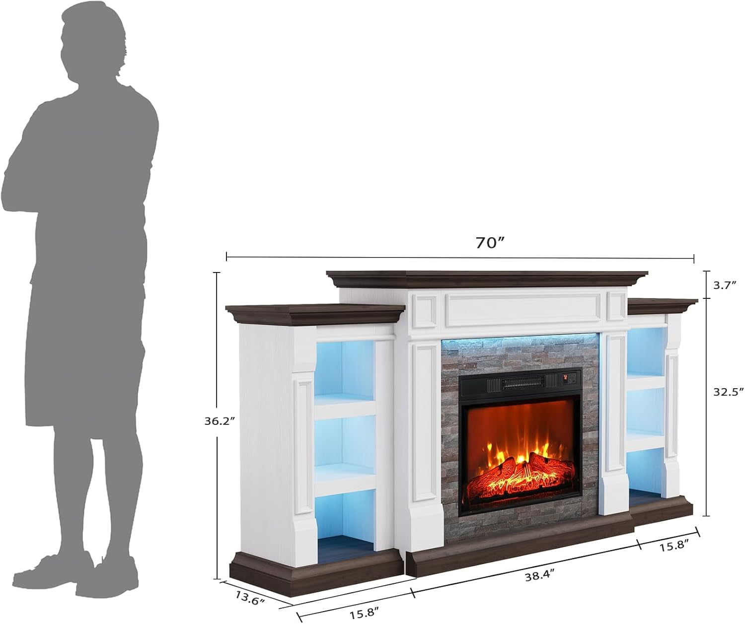 LGHM 71" Electric Fireplace TV Stand with Mantel, Farmhouse Entertainment Center for TVs up to 80" with  LED Light, White & Brown