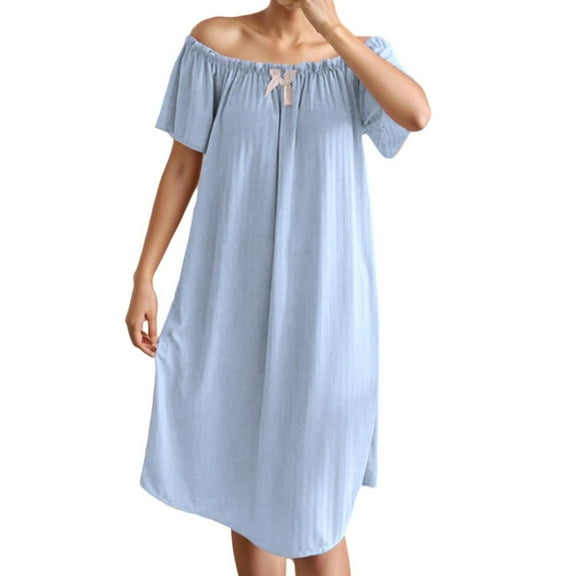 Tnhcen Women's Milk Silk Nightgown Off-Shoulder Built-In Bra Nightdress Ribbed Stretch Sleepwear Soft Comfortable Loungewear M-2XL