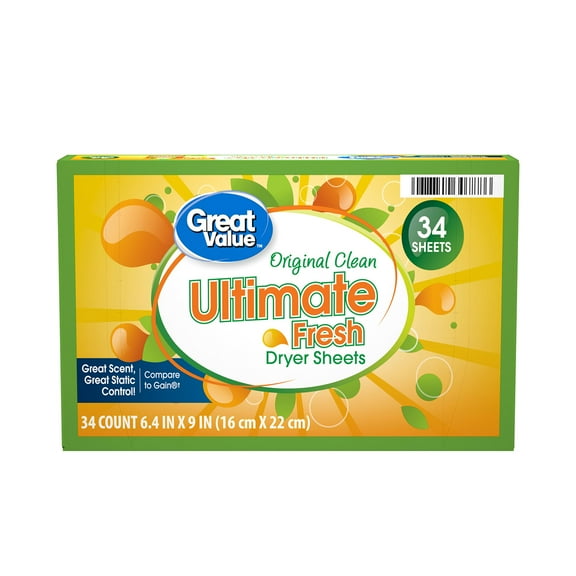 Great Value Ultimate Fresh Dryer Sheets, Original Clean, 34 Count, Compare to Gain®