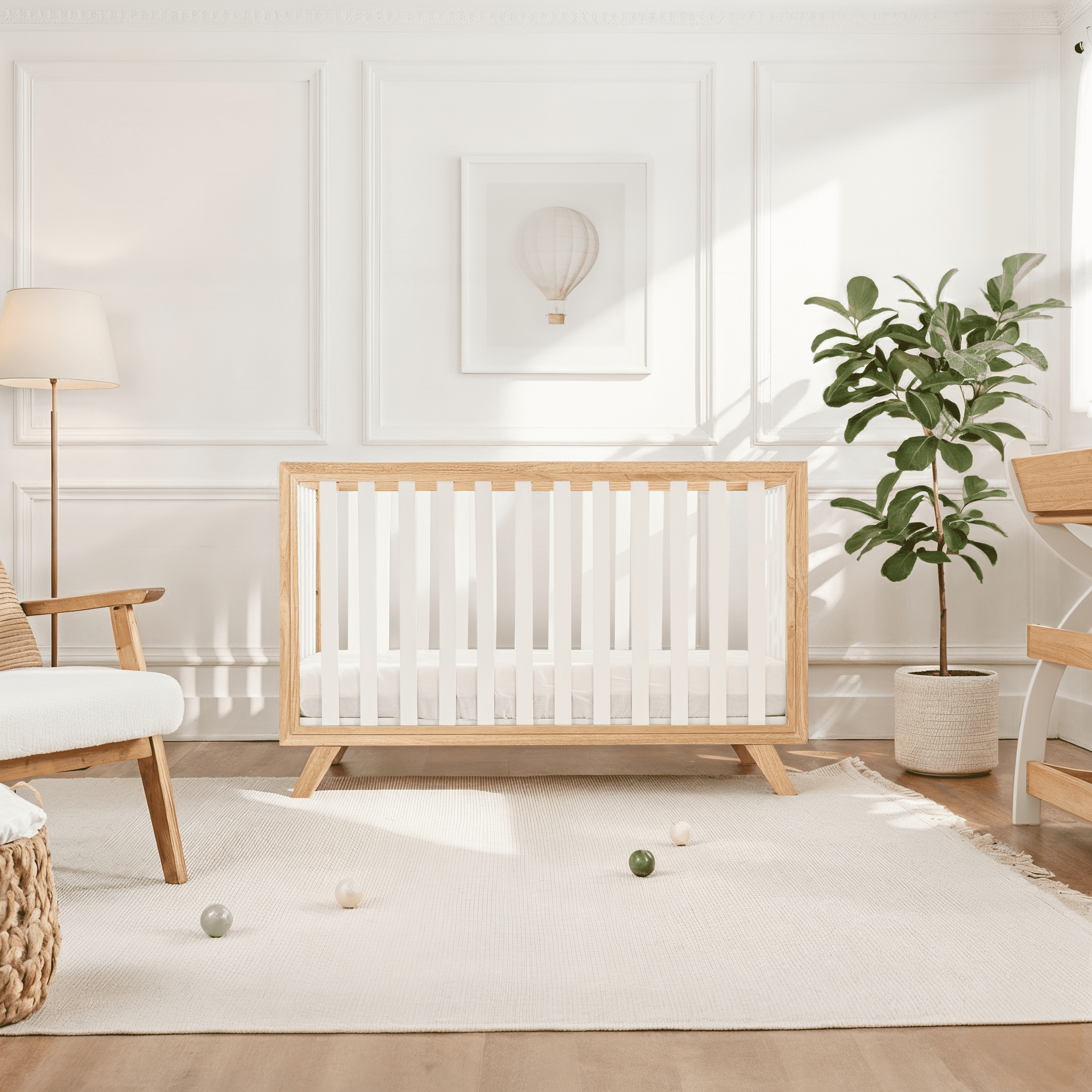 Comfy Cubs Crib Conversion Kit – Toddler Bed Guard Rail,&nbsp; White Bars and Natural Wood Frame and Legs