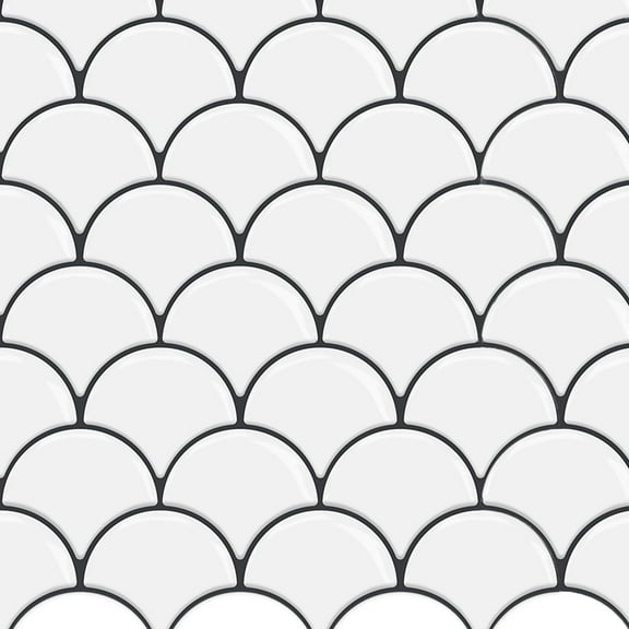 Dcor WOW 41001  Peel & Stick Backsplash, (8) 12x12-inch Sheet Covers 8 Sq Ft, White Scallop Back Splash Tile Grey Grout