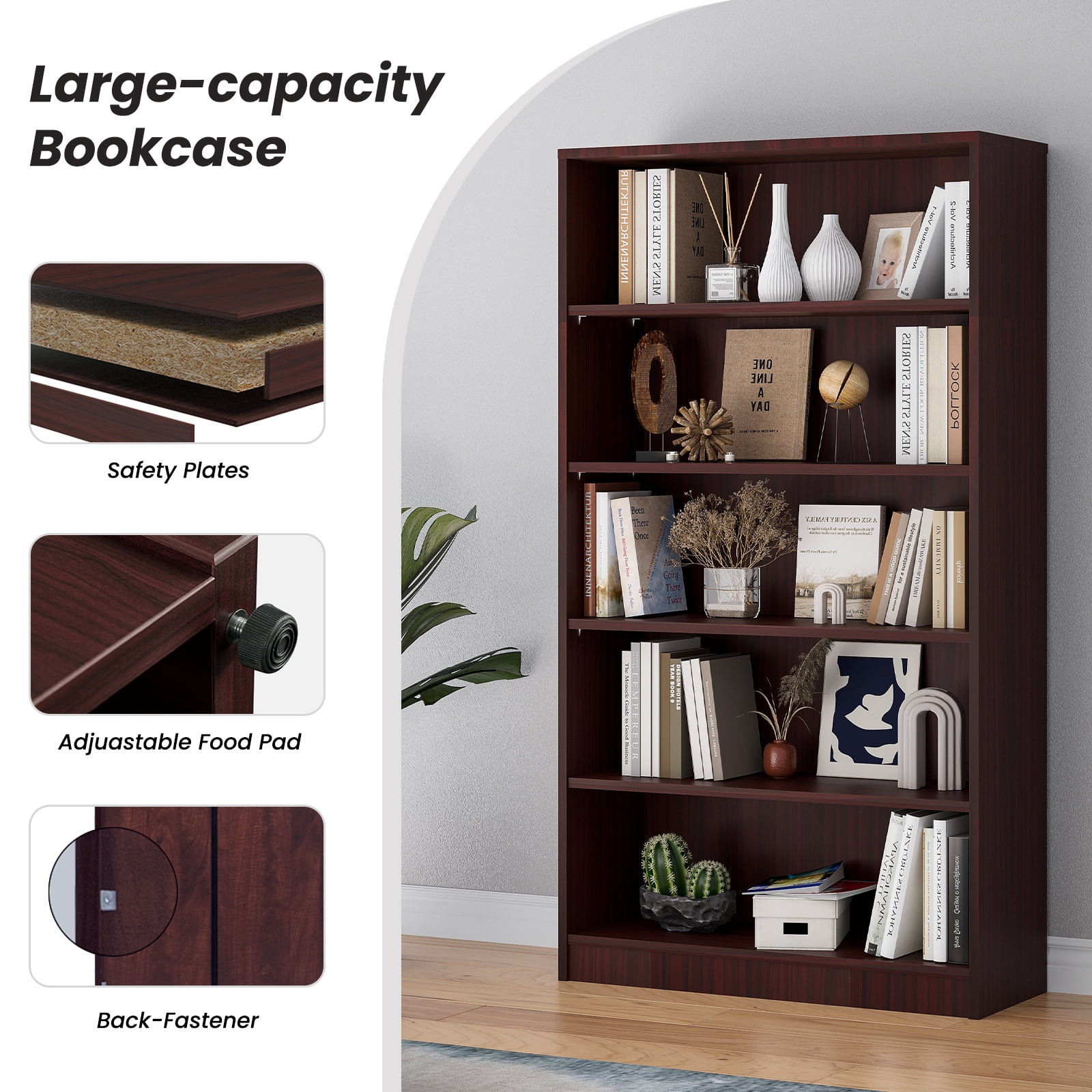 Farini 5 Tiers Bookcase, Wooden Bookcase with Adjustable Shelves for Home, Office, Mahogany