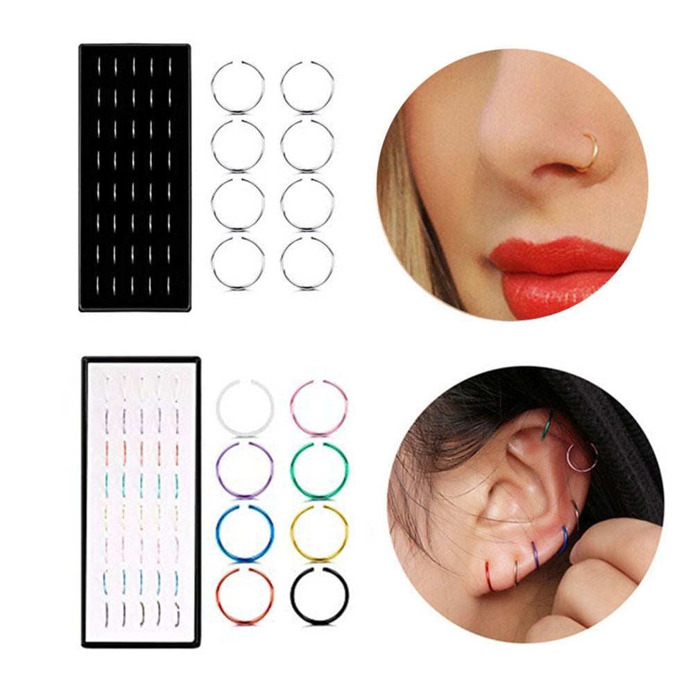 40pcs/set Unisex Stainless Steel Round Nose Nails Hoop Nose Piercings
