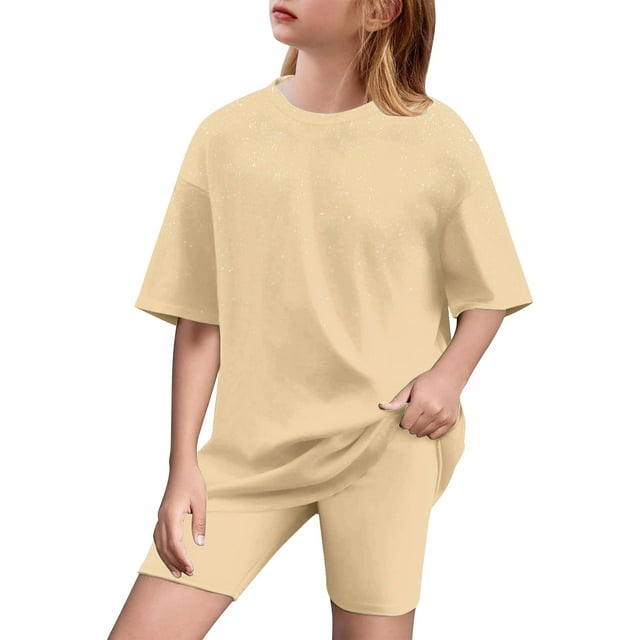Vêtements d'Été pour Filles, T-Shirt Ample à Col Rond + Short Cycliste Ensemble 2 Pcs