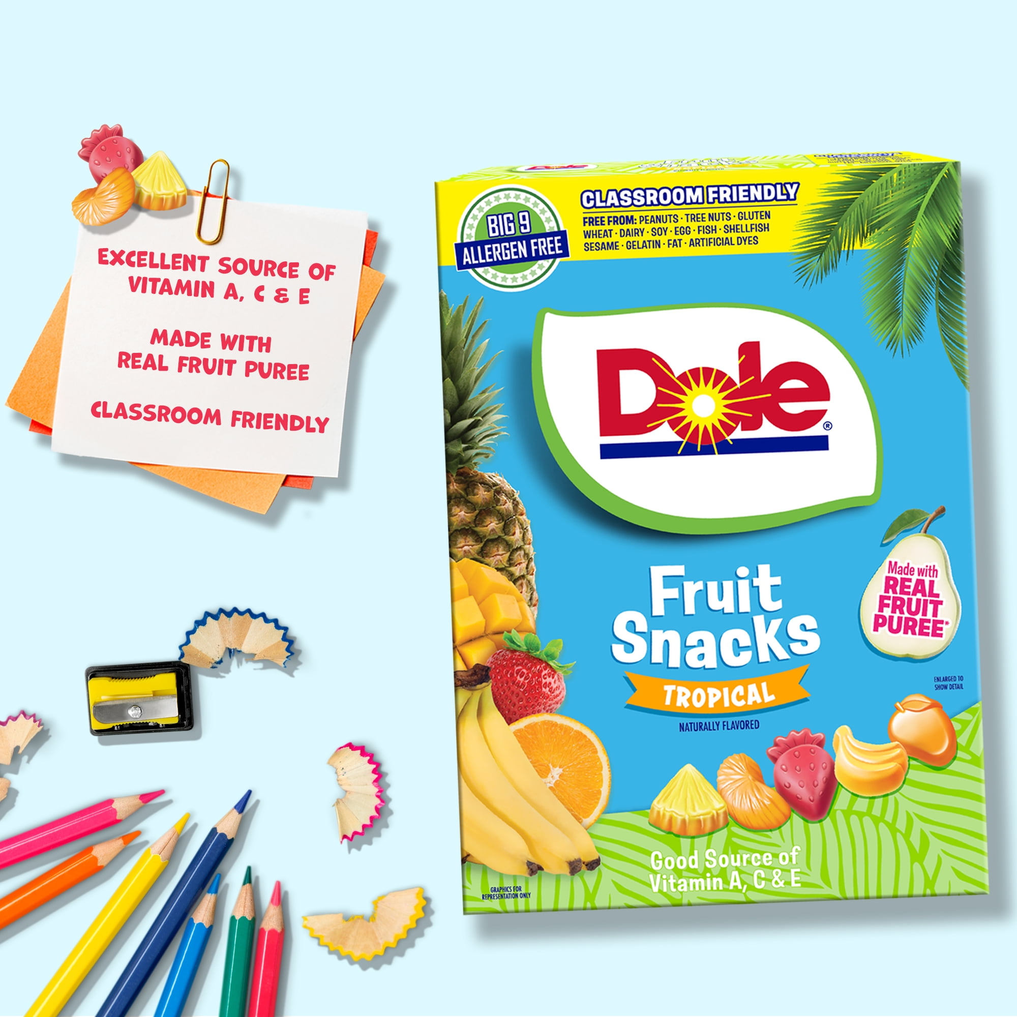 Dole Fruit Snacks, Tropical Flavored, Big 9 Allergen Free, Dye Free, Gluten Free, Gelatin Free, Lunch Snacks 22 Count
