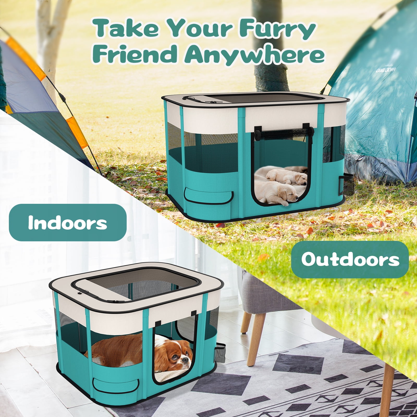 BEBANG Pet Playpen, Foldable Portable Dog Cat Playpens Exercise Kennel Tent, Removable Shade Cover, Indoor Outdoor Travel Camping Use(L)