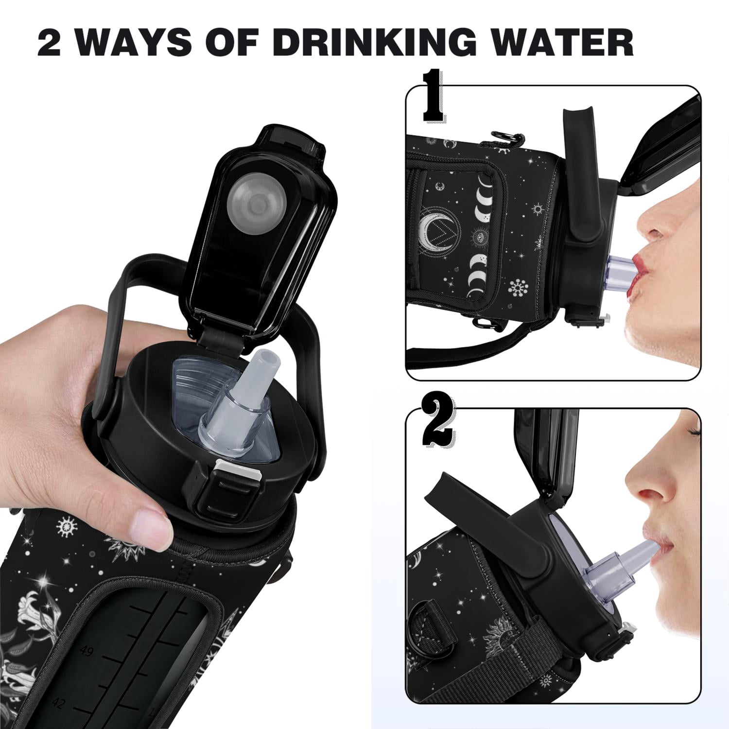 Goth Moon Half Gallon Water Bottle with Sleeve - Flip Top Bpa Free Water Bottle 64 OZ - with Time Marker Leakproof Water Jug - Motivational Water Bottle for Halloween Spooky Gifts for Women